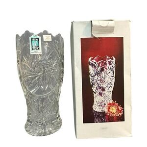 Vtg Avitra 24% Lead Crystal Pinwheel Vase Lg Heavy Rim Deep Diamond Cut Bulgaria